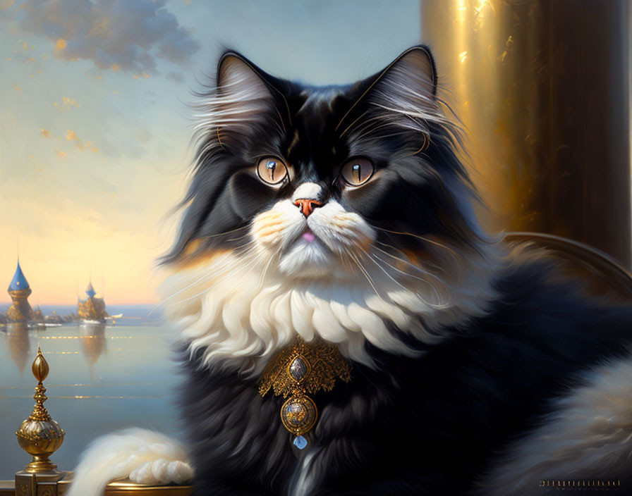 Regal black and white long-haired cat with golden pendant against sea backdrop