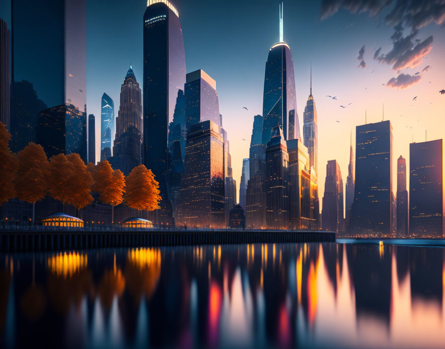 Tranquil cityscape at sunset with skyscrapers reflecting in water, autumn trees, and birds