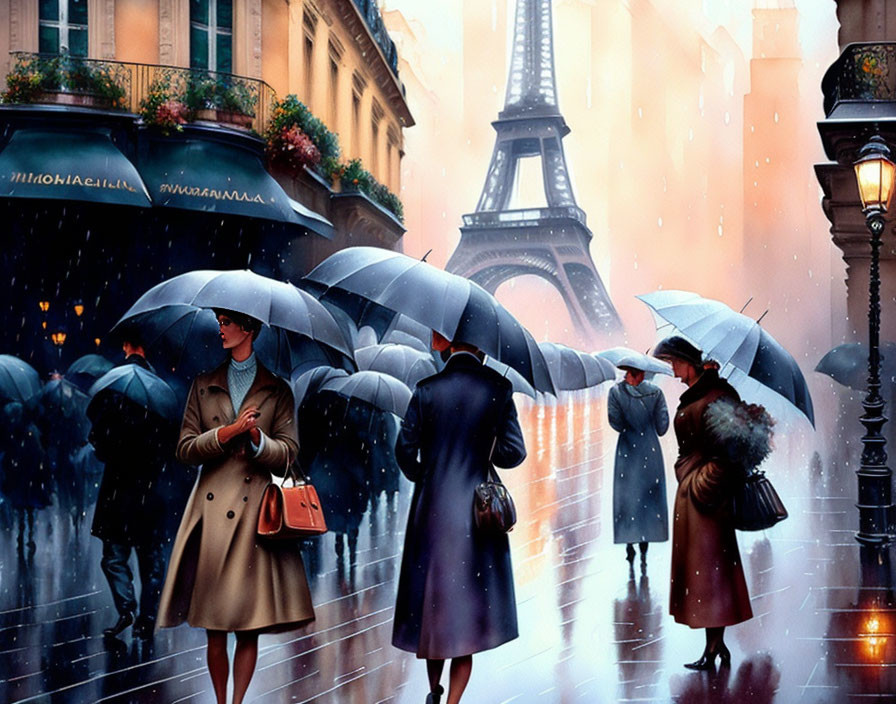 Rainy Paris street near Eiffel Tower with people and umbrellas