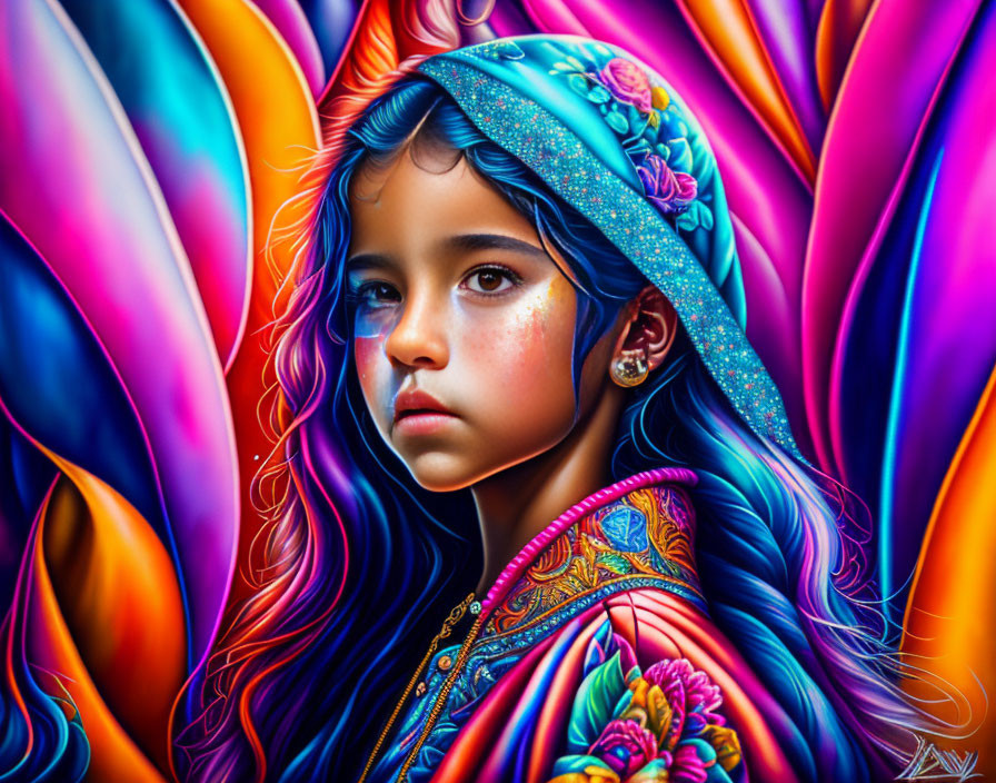 Colorful digital art: Young girl with blue eyes in headscarf amid vibrant patterns