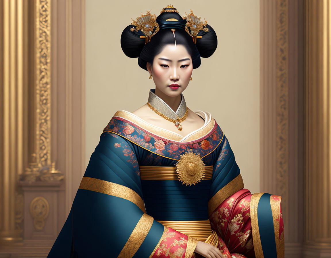 Traditional Asian Attire: Elegant Woman with Elaborate Hair Ornaments in Classical Interior