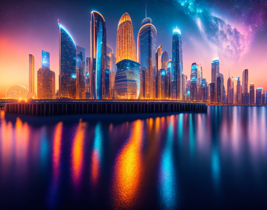 Futuristic city skyline at dusk with blue and orange lighting reflecting on water