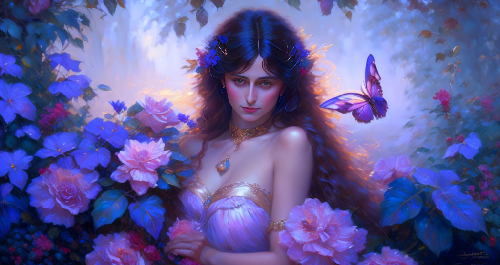 Mystical woman with blooming flowers and butterfly