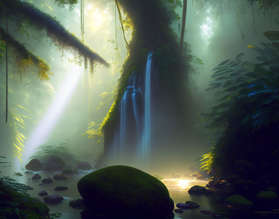 Tranquil forest landscape with waterfalls, light rays, greenery, moss-covered rocks, and