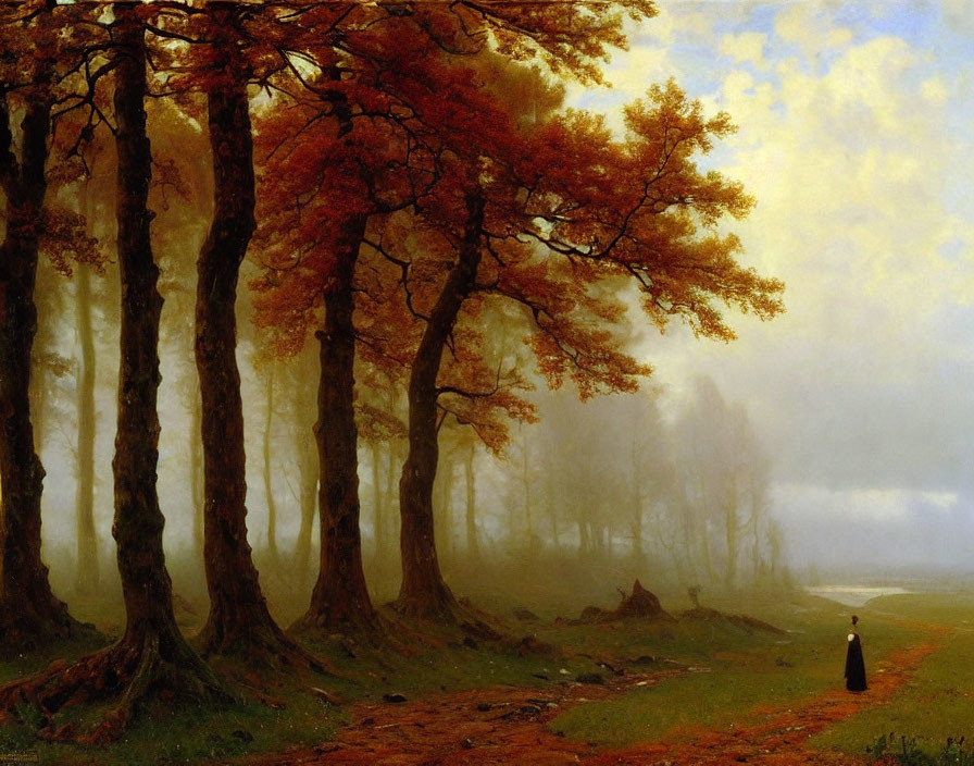 Tranquil autumn forest with tall fiery trees and lone figure