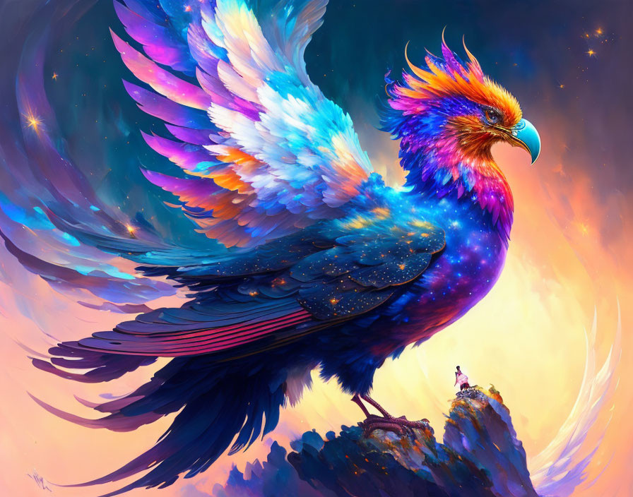 Colorful mythical bird with golden crest overlooking person on mountain peak at sunset