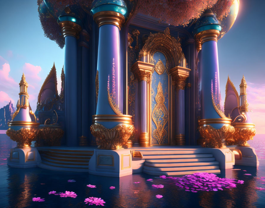 Fantasy palace with royal blue columns and golden ornaments