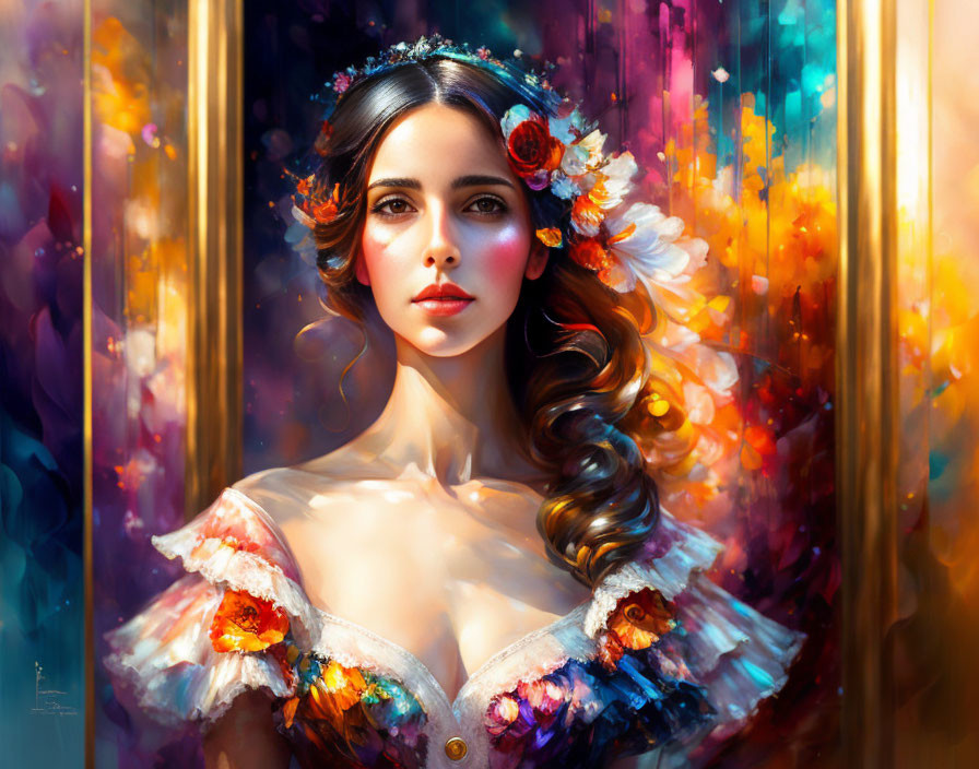 Vibrant digital painting of a woman with floral hair in impressionistic style