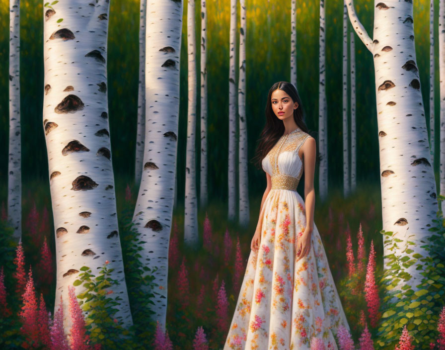 Woman in elegant dress surrounded by birch trees and sunlight filtering through pink and green foliage