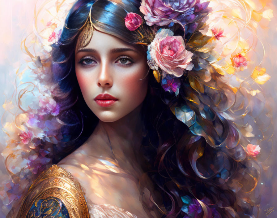 Vibrant flower-adorned young woman portrait with curly hair and golden shoulder armor