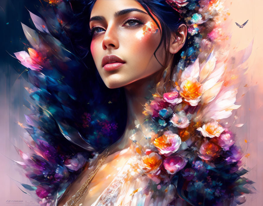 Digital Artwork: Woman with Floral Wings and Butterfly, Vibrant Colors