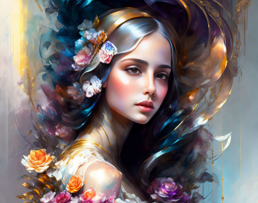 Colorful illustration: Woman with flowing hair and floral adornments