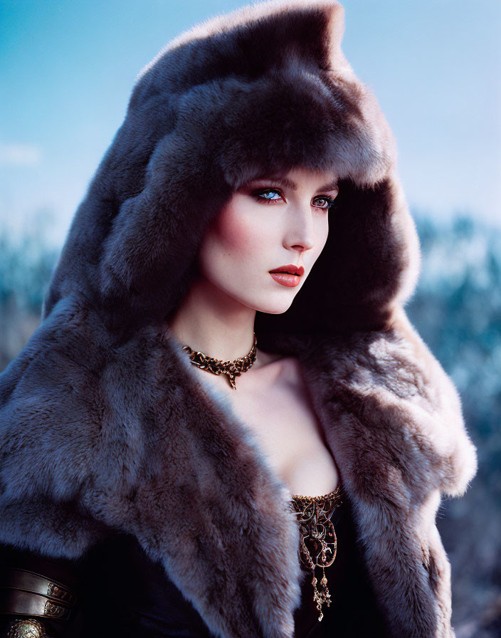 Woman with blue eyes in fur coat and jeweled necklace against outdoor backdrop