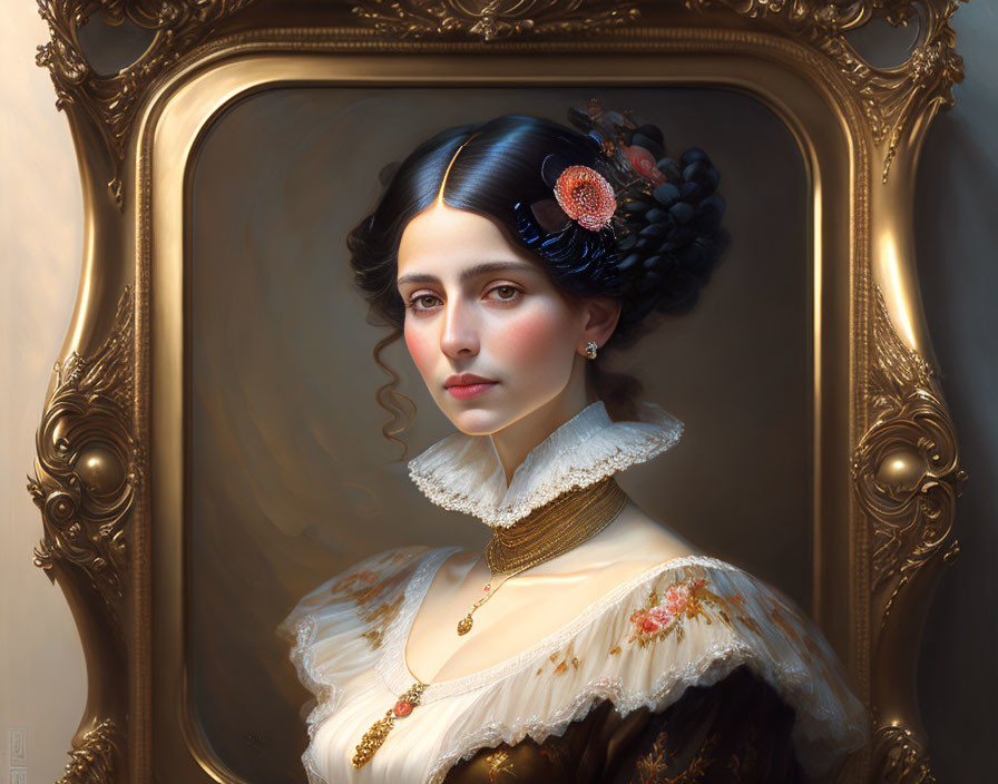 Dark-haired woman in white vintage dress with floral hair accessory, ornate gold frame