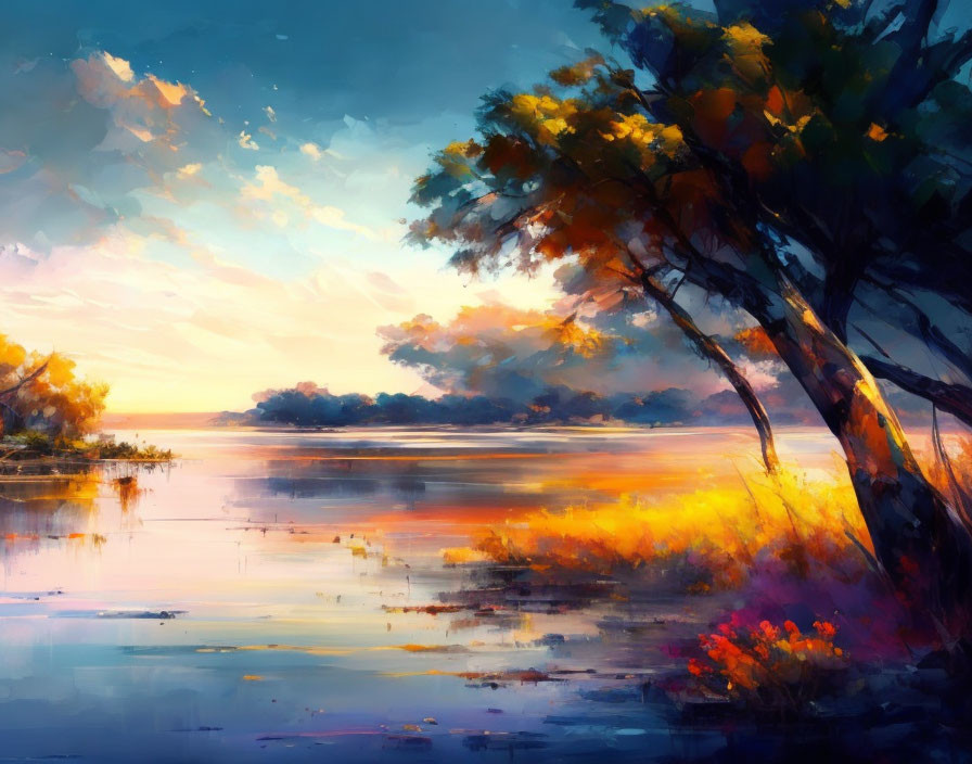 Colorful Autumn sunset painting with tree and water reflections