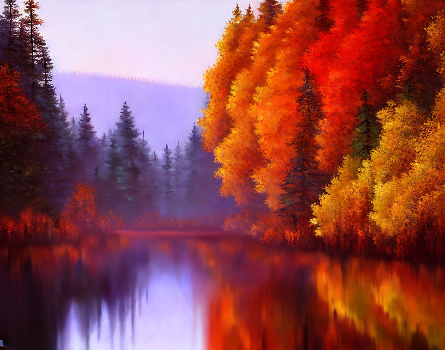 Tranquil autumn lake with fiery foliage reflections and evergreen forest