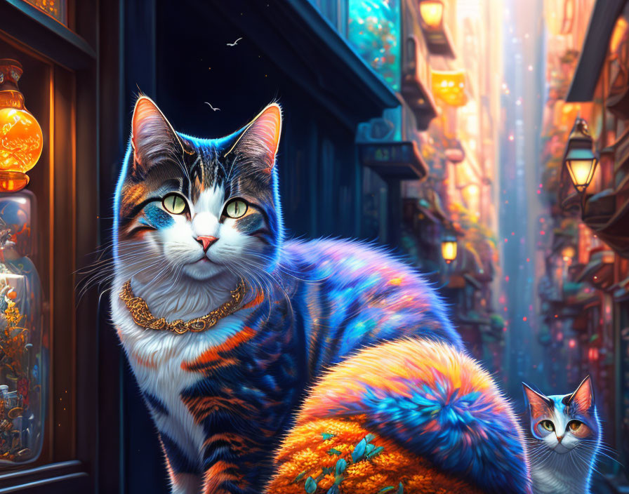 Colorful Striped Cat and Smaller Cat in Enchanting Street Scene