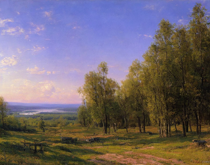 Tranquil landscape: lush forest, rolling plain, distant lake, hazy sky