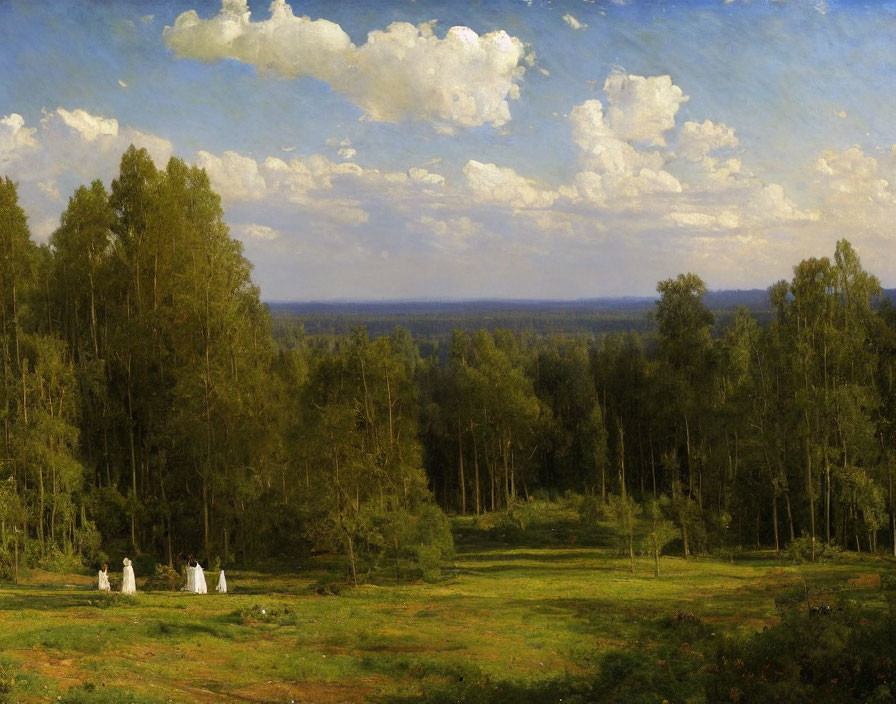 Tranquil forest scene with towering trees and group of people in white attire