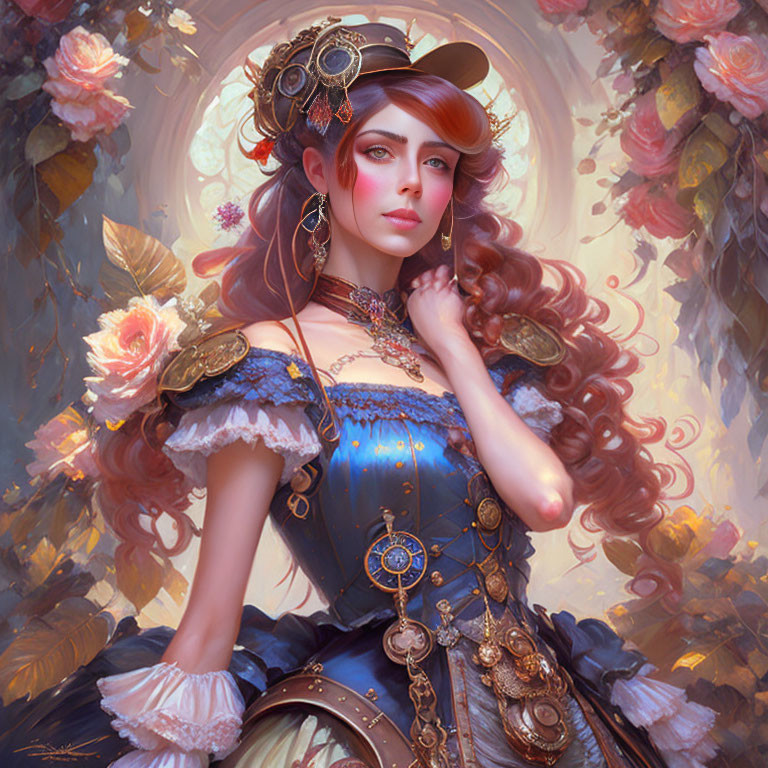 Victorian-style woman with clockwork accessories in floral setting