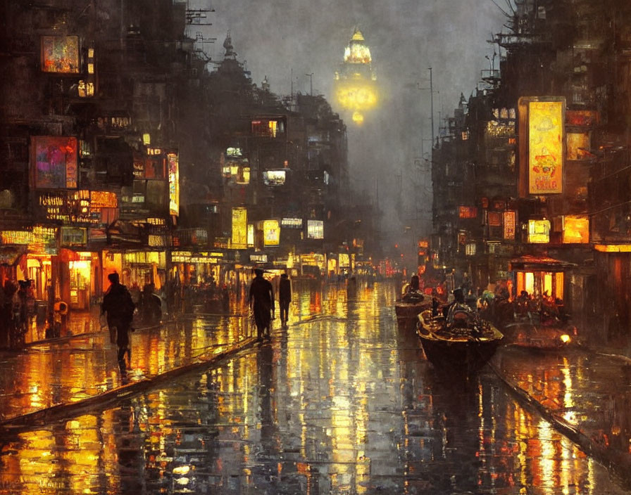 City street at night: neon lights, rain-soaked, pedestrians, boat