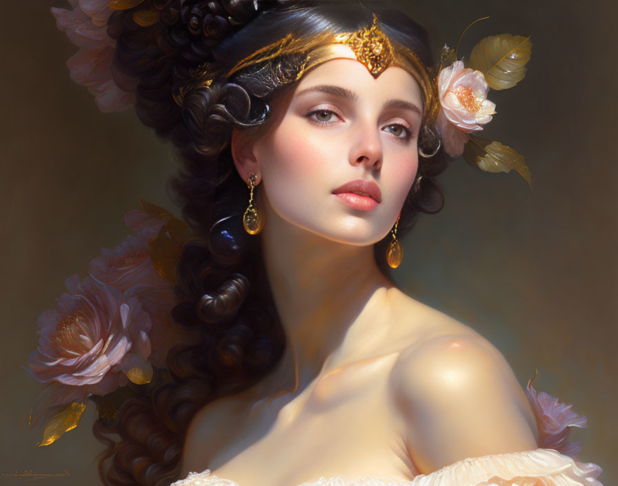 Portrait of Woman with Golden Adornments and Floral Accents