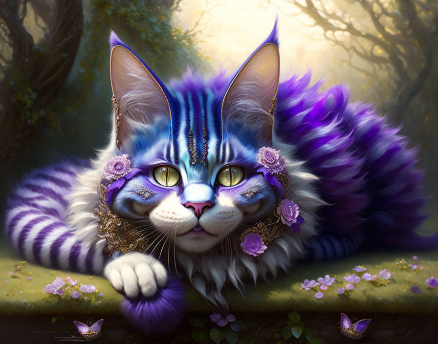 Striped cat with blue and white fur in magical forest with butterflies