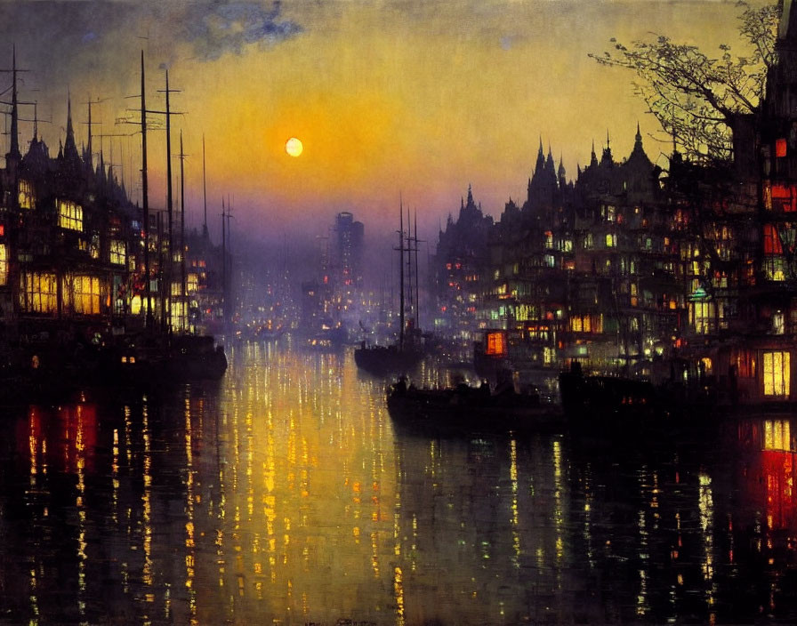 Bustling harbor at night with illuminated buildings and ships, sunset casting reflections.