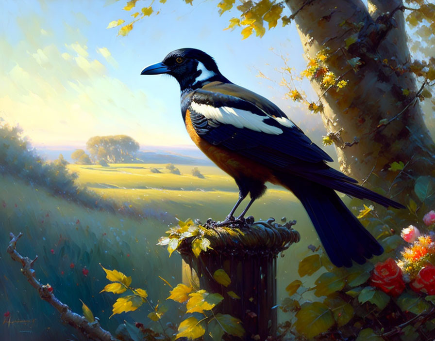 Magpie on wooden post in lush foliage with sunlight on pastoral landscape