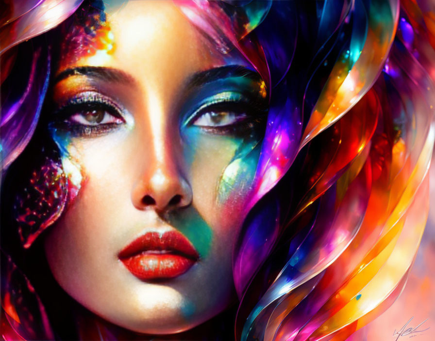 Colorful digital portrait of a woman with iridescent makeup and multi-colored hair