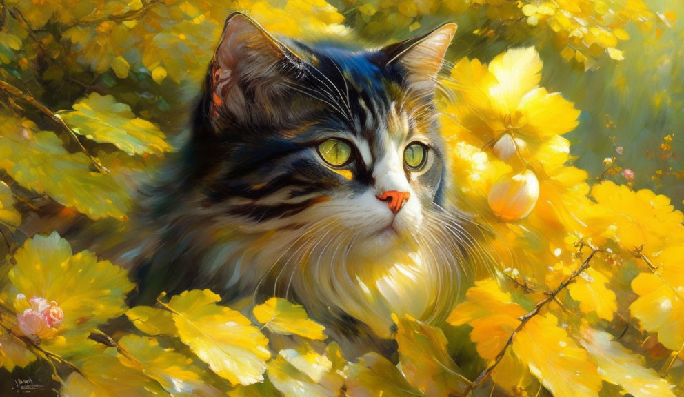 Striking long-haired cat among vibrant autumn leaves with green eyes