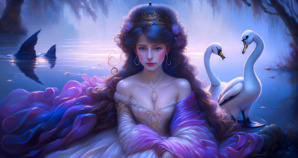 Ethereal woman in regal dress with swans in mystical setting