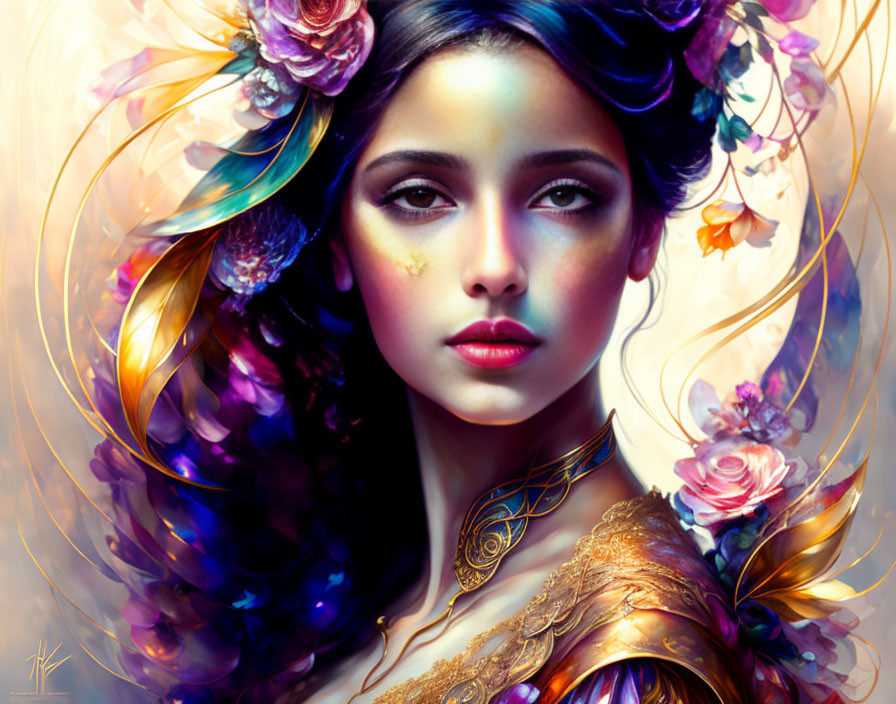 Vibrant digital painting of woman with floral and feather head adornments