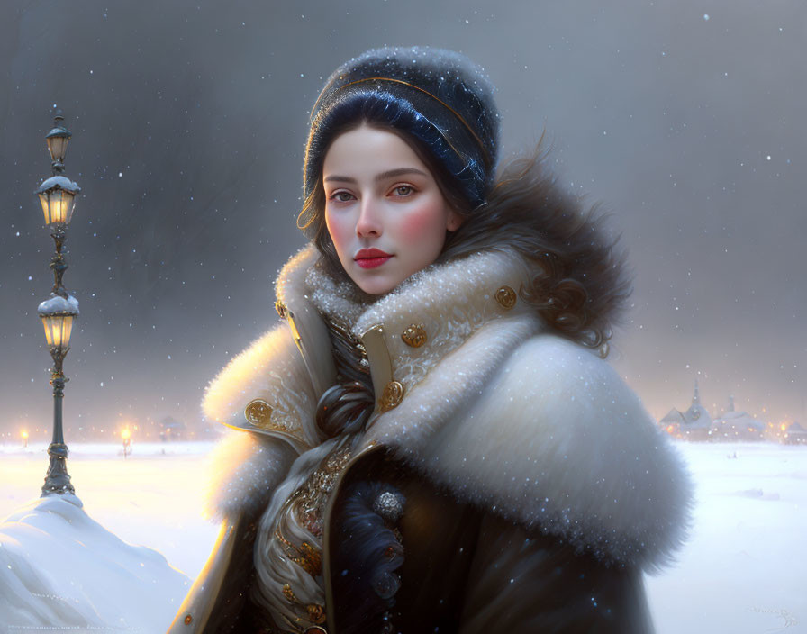 Winter-themed digital painting of a woman in fur-lined cloak under a softly glowing street lamp.