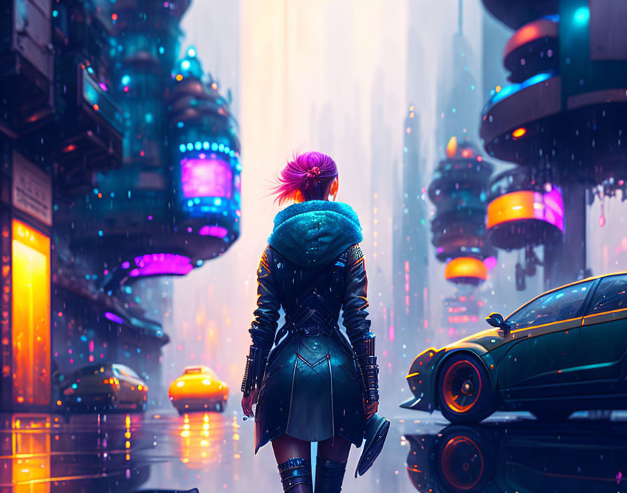 Purple Mohawk Person in Black Jacket Observing Futuristic Cityscape