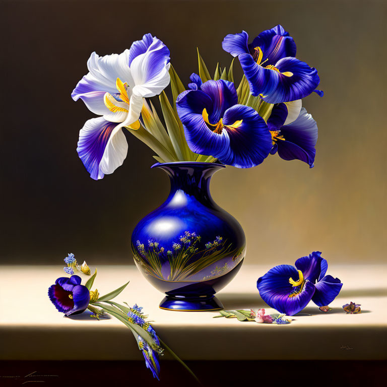 Navy Blue Vase with Blue and White Irises on Beige Surface