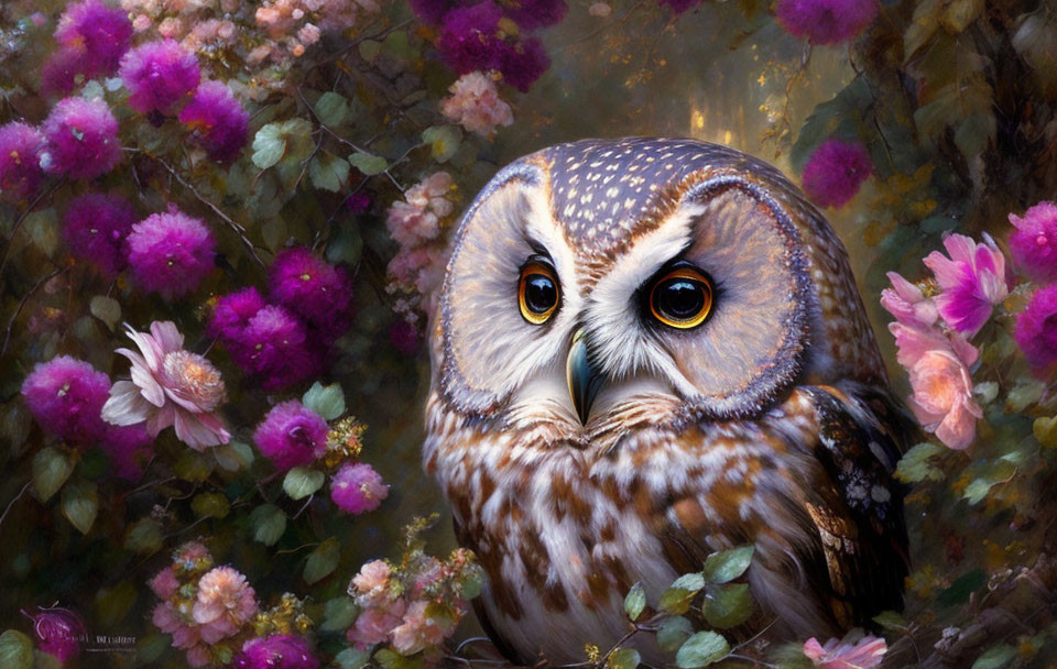 Realistic Brown and White Owl Painting with Pink and Purple Flowers