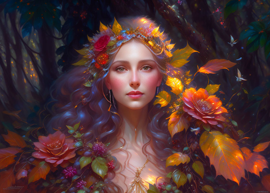 Multicolored hair woman with autumn crown in mystical forest setting