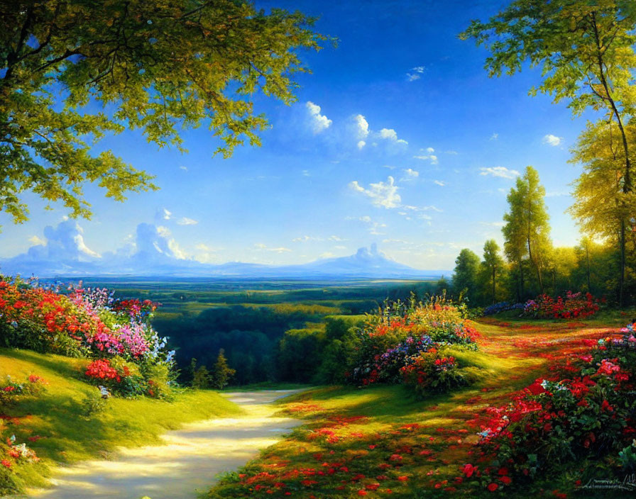Tranquil landscape with winding path, flowering shrubs, canopy of trees, blue sky, mountains