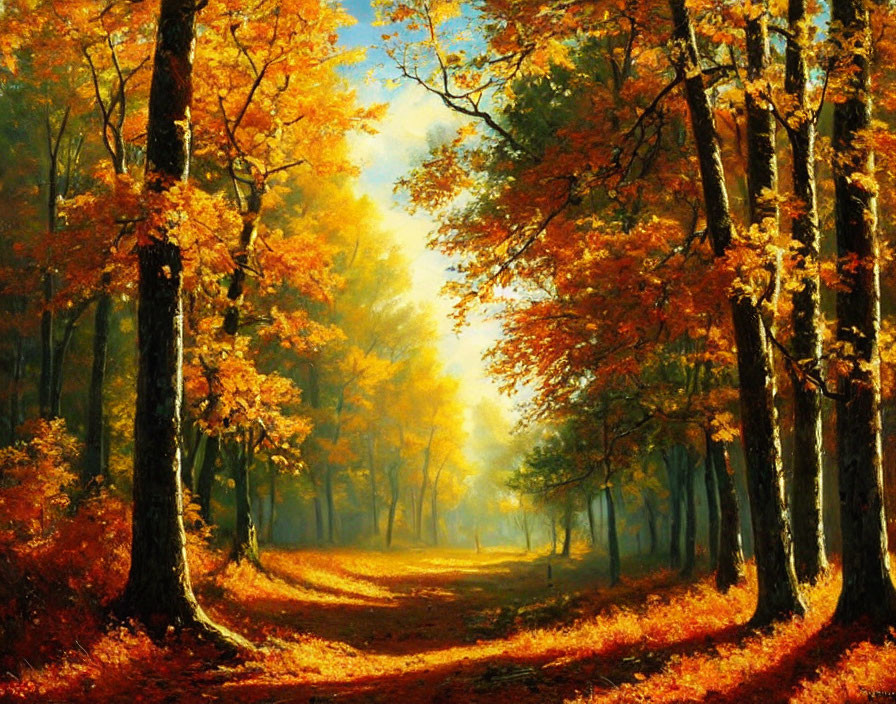 Tranquil forest path with vibrant autumn trees in golden sunlight