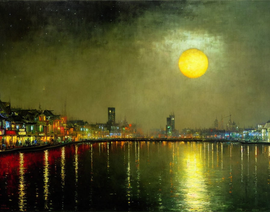 Nocturnal cityscape: radiant moon over calm river and vibrant skyline.