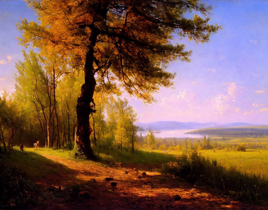 Tranquil landscape with majestic autumn tree, hazy lake, fields, and subtle figure