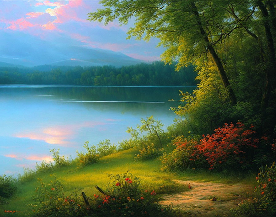 Tranquil lakeside dawn with vibrant flowers and lush trees