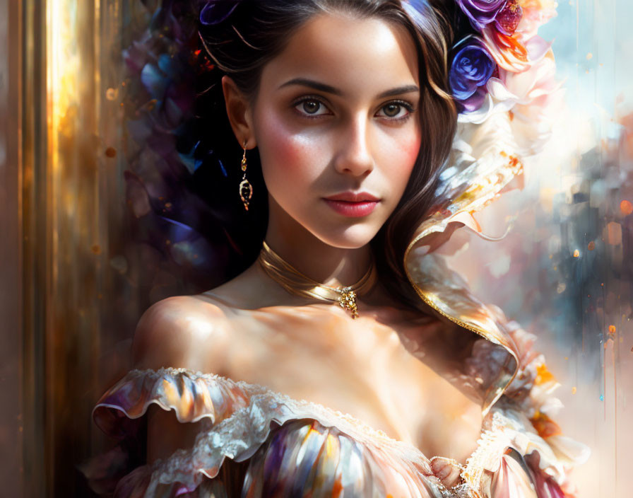 Dark-haired woman in floral gown: Realism meets fantasy