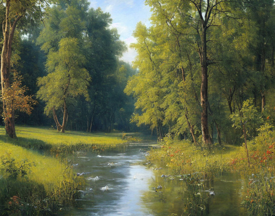 Tranquil landscape: meandering stream through lush woods, dappled sunlight, diverse greenery