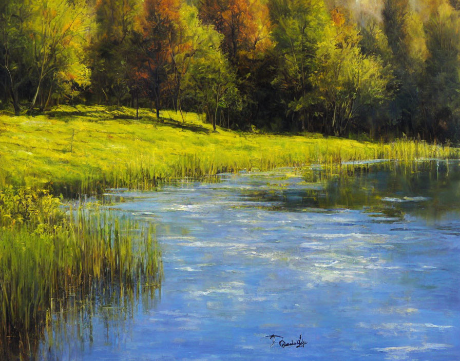 Tranquil landscape painting of pond with autumn trees