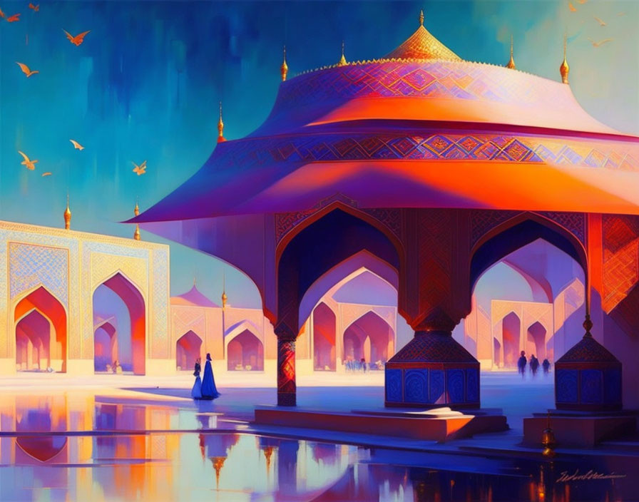 Detailed illustration: Middle Eastern palace with arches, intricate designs, reflective water, person in blue robe