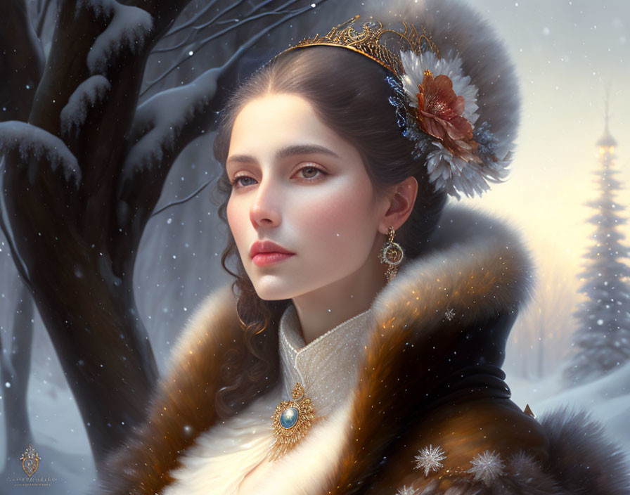 Regal woman in fur coat and ornate headdress with falling snowflakes