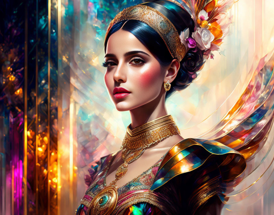 Colorful digital art portrait of a woman with striking makeup and luxurious outfit against vibrant background