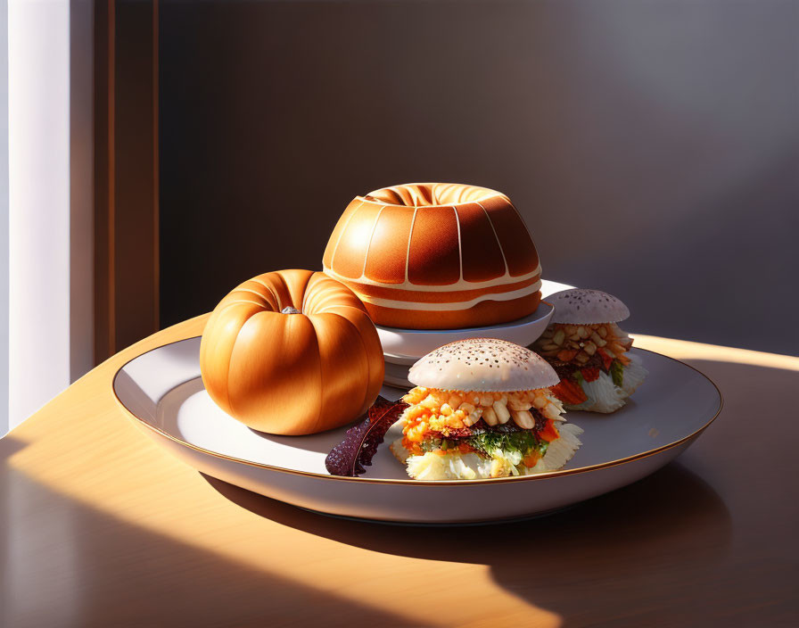 Three Unique Burgers on White Plate with Sunlight on Dark Background